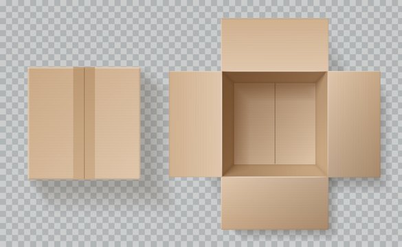 Cardboard box top view. Open closed boxes inside and top, brown pack mockup, delivery service realistic empty carton vector template