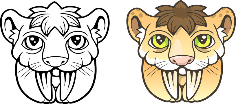 cartoon cute Saber toothed tiger, funny picture, coloring book
