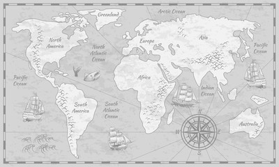 Gray world map. Earth antiquity paper map with continents ocean sea old sailing vector globe background