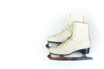 Pair of old Figure Ice Skates Isolated on White Background. Copy space for text. Top view.