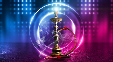 Hookah, smoke on a dark abstract background. Background of empty scenes with multicolored neon lights, reflection of night lights on wet pavement