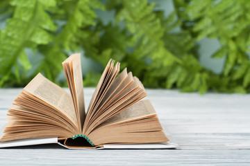 Open hardback book, on wooden table. natural background . Back to school. Copy space for text.