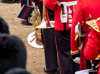 Trooping the Colour, military parade at Horse Guards, London UK, with musicians from the massed...