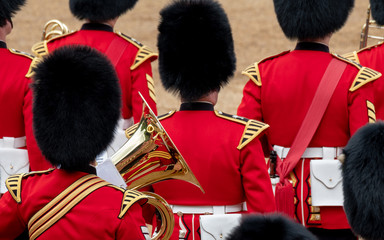 Trooping the Colour, military parade at Horse Guards, London UK, with musicians from the massed...