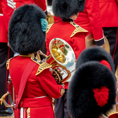 Trooping the Colour, military parade at Horse Guards, London UK, with musicians from the massed...