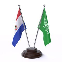 Paraguay and Saudi Arabia, two table flags isolated on white background. 3d image