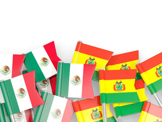 Pins with flags of Mexico and bolivia isolated on white.