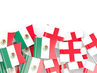 Pins with flags of Mexico and england isolated on white.