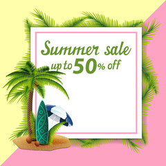Summer sale, template for discount banner in the form of a sheet of paper decorated with palm leaves with palm, coconuts, beach umbrella and surf Board
