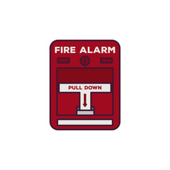 Fire alarm box. Fire alarm text, pull down switch. Line style vector illustration. Classic fire switch. Rescue and alarm pixel perfect banner.