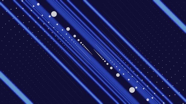 Abstract colorful motion of blue straight lines and white dots on dark blue background. Animation. Narrow parallel stripes rotating with a cloud of small circles.