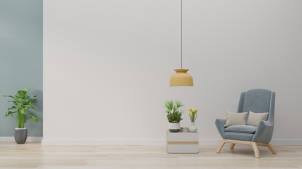 Interior of living room, Blue armchairs on wooden flooring and white wall ,3d renderin