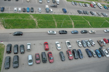 Minsk, Belarus, May 26, 2019: top view of the parking lot near the Olympic Village of the second European Olympic Games