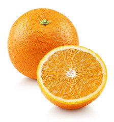 Whole ripe orange citrus fruit with half isolated on white background. Oranges with clipping path. Full depth of field.