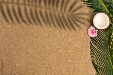 Fototapeta na wymiar Beach theme on sand background. Palm leaves and coconut on the sand with shadow. Top view.