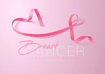 Fototapeta na wymiar Breast Cancer Awareness Calligraphy Poster Design. Realistic Pink Ribbon. October is Cancer Awareness Month. Vector Illustration