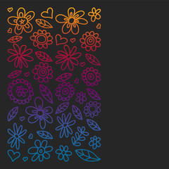 Vector set of child drawing flowers icons in doodle style. Painted, colorful, gradient pictures on a piece of paper on blackboard.