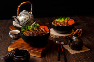 Teriyaki Chicken Rice Soft chicken Full bowl and dipping sauce Teriyaki Popular Japanese menu