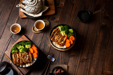 Teriyaki Chicken Rice Soft chicken Full bowl and dipping sauce Teriyaki Popular Japanese menu