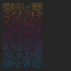 Vector set of bussines icons in doodle style. Colorful, gradient pictures on a piece of paper on dark, black background.