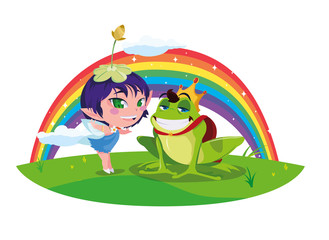 Obraz na płótnie Canvas beautiful magic fairy with toad prince and rainbow