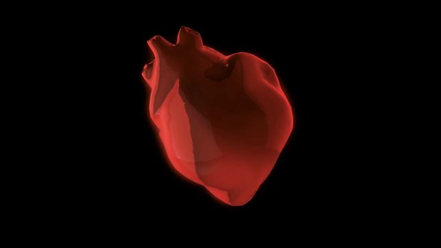 Abstract red heart beating and spinning isolated on black background. Animation. Slow rotation of the red human heart, health and heart disease concept.