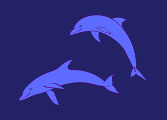 Fototapeta premium Two blue friendly dolphins. Vector cartoon cute marine animal illustration, isolated on navy background