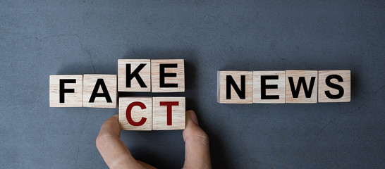 Business man hand holding wooden cube with flip block FAKE to FACT News word on table background....