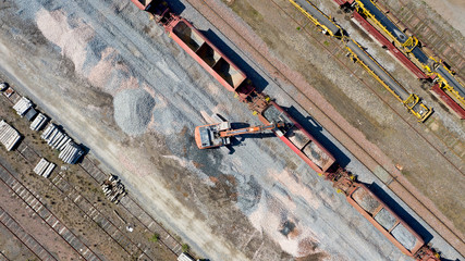 Aerial photo of an excavator loading a wagon with gravel
