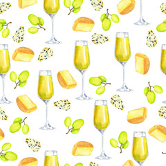 Seamless pattern with white wine, green grapes and cheese on white background. Hand drawn watercolor illustration.
