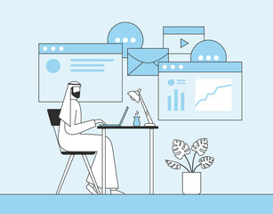 Arab businessman working with laptop in office. Web page, banner, social media background. Flat vector illustration.