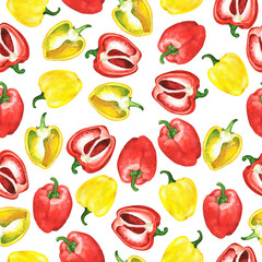 Seamless pattern with red and yellow bell pepper and paprika slices on white background. Hand drawn watercolor illustration.