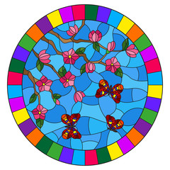 Illustration in stained glass style with cherry blossom tree and bright butterflies on blue sky background, oval image in bright frame 