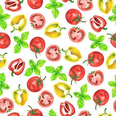 Seamless pattern with red and yellow bell pepper, tomato and basil on white background. Hand drawn watercolor illustration.