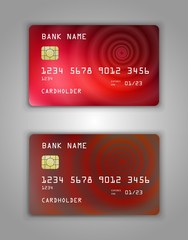 Realistic plastic Bank card vector template. Figure spiral gradient. Background color red, beauty, art