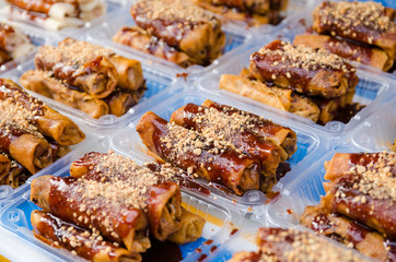 Fried spring rolls or Popiah is a famous Malaysian traditional street food with selective focus