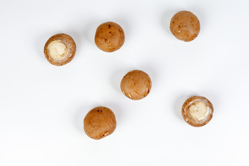 Brown button mushroom on white background top view