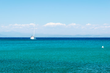 Obraz premium white yacht sailing on the sea, the bird flies over the sea