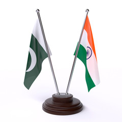 Pakistan and India, two table flags isolated on white background. 3d image