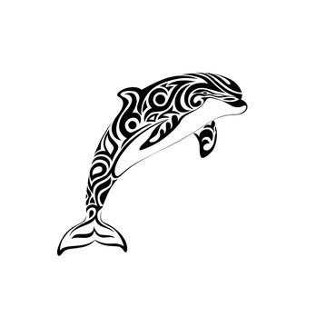 Stylized creative vector illustration of a dolphin tattoo in tribal style on black and white background