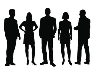 Set of vector silhouettes of  men and a women, a group of standing business people, black color isolated on white background