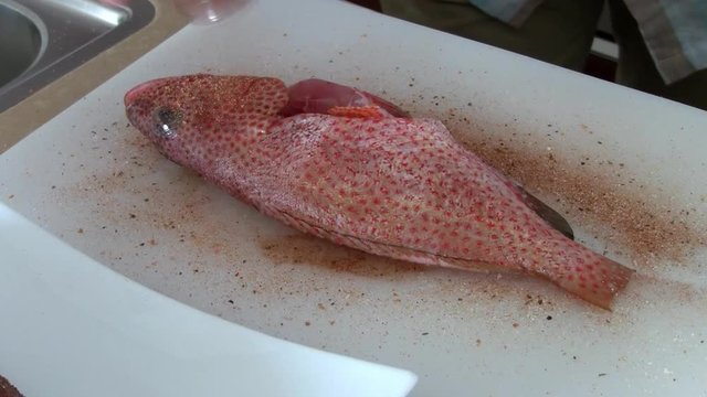 Seasoning a Fresh Raw Red Hind Grouper with a Spice Mix or Rub on a White Cutting Board