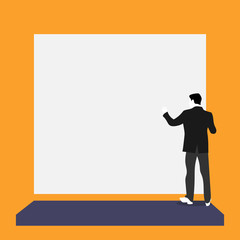 Obraz premium Back view young man dressed suit standing platform facing blank rectangle