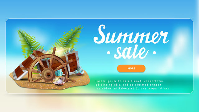 Summer sale, discount banner for your website with beautiful seascape, treasure chest, ship steering wheel, palm leaves, gems and pearls