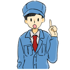 青い作業着の男性　人差し指を立てる