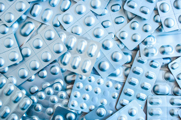 Drug prescription for treatment medication. Pharmaceutical medicament, cure in container for health. Pharmacy theme, capsule pills with medicine antibiotic in packages.