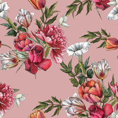 Floral seamless pattern with watercolor roses, peonies and tulips