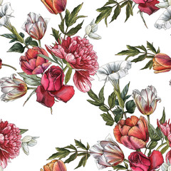 Floral seamless pattern with watercolor roses, peonies and tulips