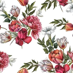 Glasschilderij Pioenrozen Naadloze bloemmotief met aquarel rozen, pioenrozen en tulpen