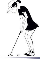 Young golfer woman on the golf course isolated illustration. Young golfer woman aiming to do a good shot black on white illustration
